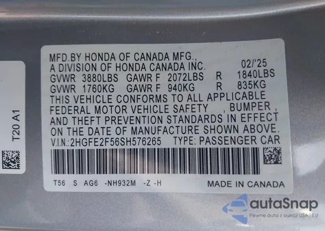 2025 Honda Civic Sport z USA, uszkodzony, nr VIN 2HGFE2F56SH576265